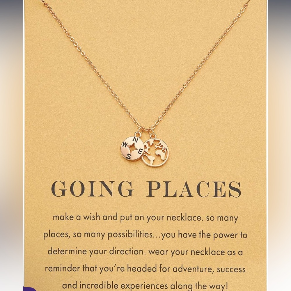 18K Gold Plated Compass and World Map Pendant Necklace
